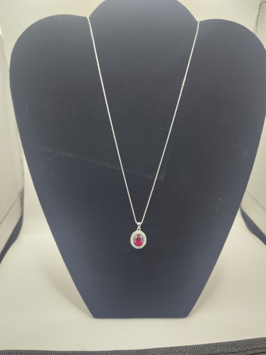 Jewelry - Silvertone Necklace with Red Oval Pendant And Matching Bracelet.